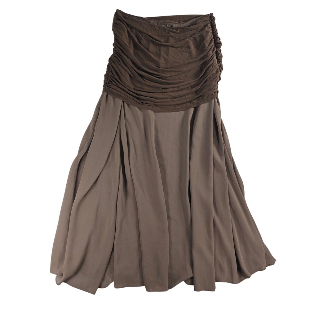 Commense Women 12 Brown Ruched Maxi Skirt Flowy Side Zip Evening RUNS SMALL